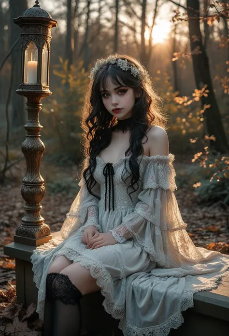 (medium full shot) of (mysterious gothic****ta) young woman, busty build, medium dark wavy down hair, french, tan skin, light Blue eyes, wearing a lace shawl, silver ruffled dress with lace overlay, lace-trimmed stockings, gothic pumps, pale skin, dark red lipstick, smoky eyeshadow, black eyeliner, cameo choker, wrist cuffs, set in  Dark Forest, Twilight Glade, Soft twilight filtering through the canopy, carpet of fallen leaves covering the ground, delicate wildflowers blooming along the edges, the distant hoot of an owl breaking the stillness church Baptistry, Tranquil room with a marble baptismal font, soft candlelight reflecting off the water's surface, a tapestry depicting a biblical scene, a wooden towel rack, a small shelf holding baptismal candles  , at sunset, woman smiling, ,Masterpiece,best quality, photo, realistic, very aesthetic