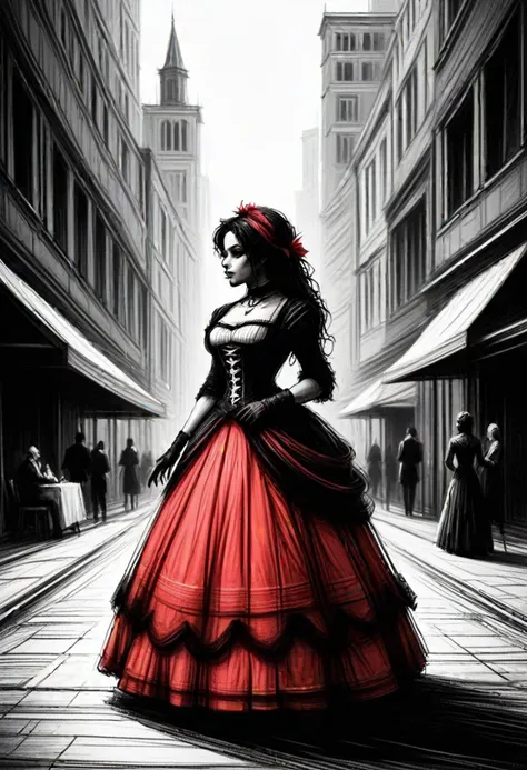 (medium full shot) of (gorgeous gothic****ta) adult woman, african, dark skin, black eyes, curvy build, long red wavy down hair, wearing Victorian-inspired corset with brocade pattern, floor-length lace skirt, cameo choker, lace-up Victorian boots, lace wrist cuffs with ribbon ties, set in  medieval Market Square, Bustling plaza with colorful awnings shading market stalls, crates of fresh produce piled high, merchants haggling with customers, a fountain surrounded by benches, a vendor selling potted herbs and spices , ,Masterpiece,best quality, very aesthetic