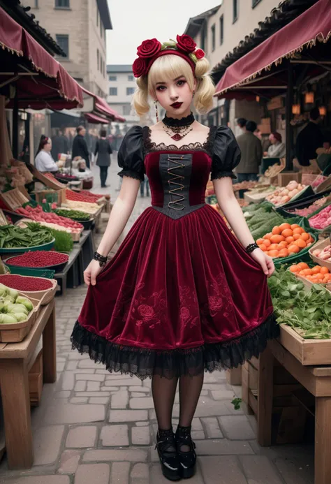 (medium full shot) of (intricate gothiclolita) young woman, slender build, short blonde ponytail hair, chinese, tan skin, light brown eyes, wearing a rose headband, crimson red velvet dress with brocade pattern, fishnet stockings, platform shoes, pale skin, dark red lipstick, smoky eyeshadow, black eyeliner, doll-like blush, cameo necklace, wrist cuffs, set in  medieval Market Square, Bustling plaza with colorful awnings shading market stalls, crates of fresh produce piled high, merchants haggling with customers, a fountain surrounded by benches, a vendor selling potted herbs and spices , woman smiling, ,Masterpiece,best quality, raw photo, realistic, very aesthetic