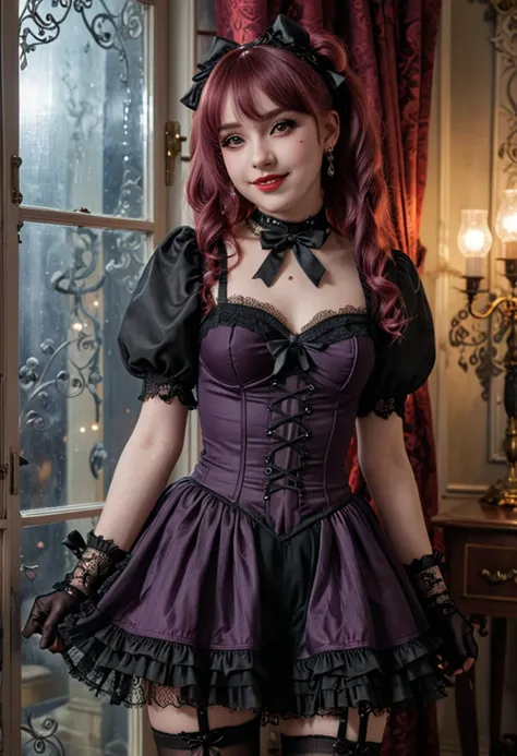 (medium full shot) of (dark gothic****ta) young woman, tiny build, extra long red curtain bangs hair, black american, dark skin, black eyes, wearing a hair ribbons, deep purple one-piece dress (OP) with puffed sleeves, fishnet stockings, gothic pumps, pale skin,  smoky eyeshadow, black eyeliner, doll-like blush, lace choker, lace gloves, set in  a moonlit ballroom, with moonbeams streaming through tall windows, soft music, elegant decor, and a magical atmosphere , at night, woman smiling, ,Masterpiece,best quality, photo, realistic, very aesthetic, detailed face,