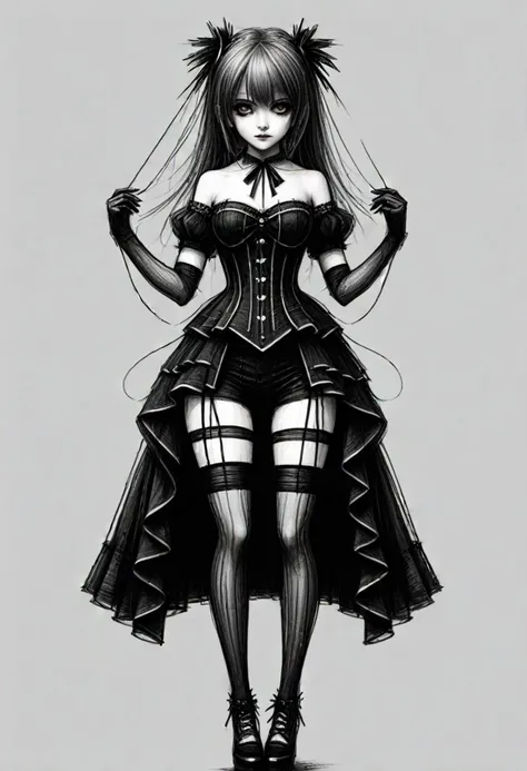 (medium full shot) of gothiclolita wearing gothiclolita laced ensemble, black ruffled dress with a corset bodice, thigh-high stockings, platform Mary Jane shoes, lace shawl with scalloped edges, ,Masterpiece,best quality, very aesthetic