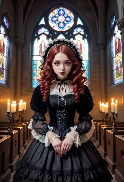 (medium full shot) of (Victorian gothiclolita) young woman, Average build, long red curly down hair, philippine, fair skin, light brown eyes, wearing a lace bonnet, silver embroidered velvet bodice with lace trim, lace-trimmed skirt, sheer stockings, gothic pumps, pale skin, dark red lipstick, smoky eyeshadow, black eyeliner, doll-like blush, cameo necklace, ornate brooch, set in  a dimly lit gothic chapel, with stained glass windows, wooden pews, stone altar, flickering candles, and a somber atmosphere , at sunset, woman smiling, detailed face, ,Masterpiece,best quality, photo, realistic, very aesthetic,