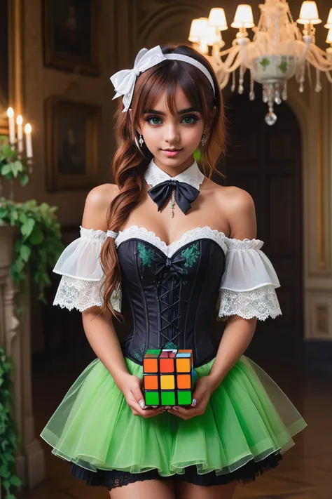 Girl holding ((3x3 transparent Glass rubik's cube :1.4)),perfect symmetrically,(angelic gothic****ta) young woman, indian, brown eyes, darker skin tone, tan skin, green eyes, willowy build, short red pigtails hair, wearing Tulle corset with ribbon embroidery, layered tulle skirt, lace gloves, lace-up stiletto booties, lace shawl with scalloped edges,ribbon headband with bow accents, set in haunted mansion Grand Hall, Dimly lit space with towering ceilings, a majestic chandelier hanging overhead, faded tapestries adorning the walls, antique furniture covered in dust, creeping ivy snaking along the floor , at sunset,