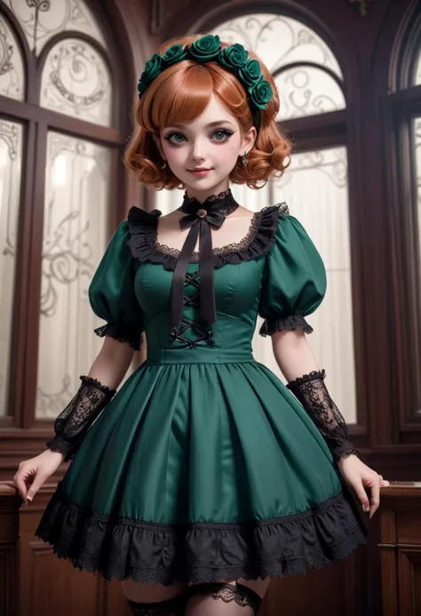 (medium full shot) of (Victorian gothic****ta) young woman, Average build, short ginger retro hair, persian, tan skin, hazel eyes, wearing a rose headband, emerald green one-piece dress (OP) with lace sleeves, lace-trimmed stockings, doll shoes, pale skin,  smoky eyeshadow, black eyeliner, doll-like blush, cross necklace, wrist cuffs, set in  a moonlit ballroom, with moonbeams streaming through tall windows, soft music, elegant decor, and a magical atmosphere , at night, woman smiling, detailed face, ,Masterpiece,best quality, photo, realistic, very aesthetic,