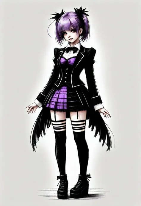 (medium full shot) of gothiclolita wearing Enigmatic gothiclolita attire with a black and purple velvet dress, lace stockings, platform ankle boots, ribbon headband with bow accents, ,Masterpiece,best quality, very aesthetic