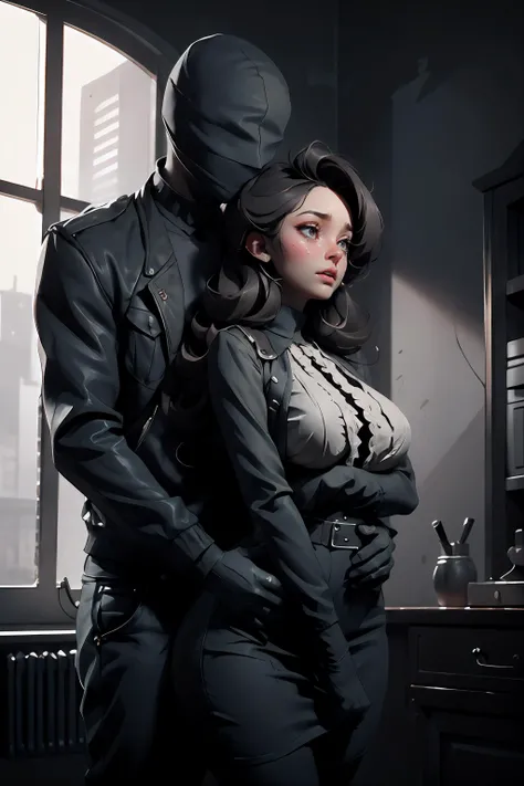 boy behind, 1girl, (doggystyle:1.2), hand on another's head, hetero, indoors, rape, (sex from behind:1.2), large breasts, hyperrealistic, eerie, unsettling, dark, suspenseful, grim, monochromatic, highly detailed <lora:jah:0.7> <lora:hand_on_anothers_head_v0.1:0.8>