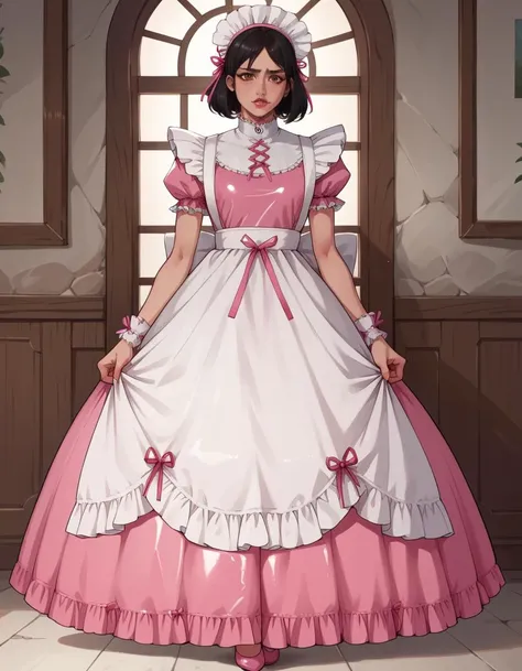 score_9, score_8_up, score_7_up, score_6_up, score_5_up, score_4_up, best quality, anime, 1girl, long black hair, brown eyes, HUD_latx_gwn, puffy sleeves, pink dress, white apron, maid, latex, headdress, high heels, pink bows, <lora:sissy_maid-000008:0.8>, makeup, lipstick, lifting skirt, large penis, futanari,