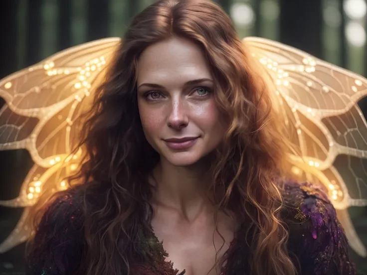 beautiful (emb-rebecca:1.05) (as a fairy:1.2),(happy smile:0.95),(highly detailed:1.2),(best quality:1.2),(8k:1.2),sharp focus,(subsurface scattering:1.1),award-winning photograph,professional portrait photography,(close shot:1.1)
(glowing bioluminescent forest:1.2),(iridescent fairy wings:1.1),long brown har
(very detailed background:1.2),(fantasy:1.1), analog style, modelshoot style, dramatic lighting, by artgerm wlop annie leibovitz jeffrey simpson  jock sturges greg rutkowski