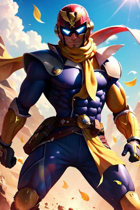 Highly detailed, High Quality, Masterpiece, beautiful, CaptainFalcon, <lora:CaptainFalcon:0.9>, helmet, bodysuit, yellow gloves, scarf, incoming attack,