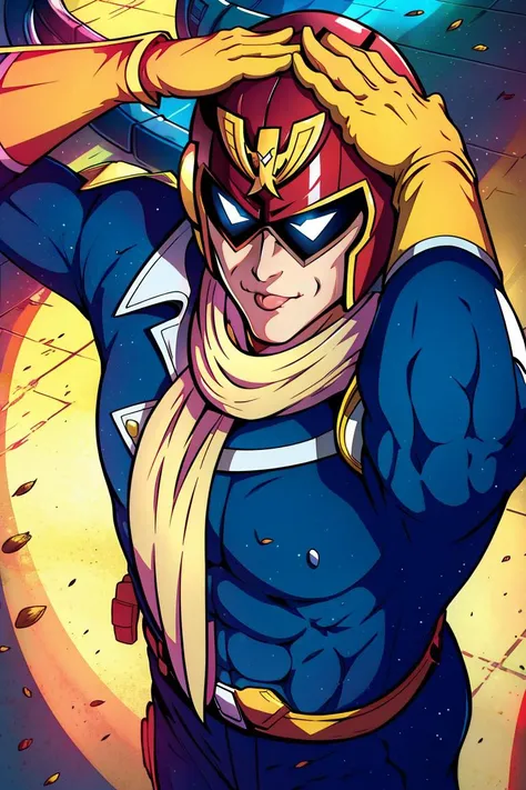 masterpiece, best quality, captainfalcon, helmet, bodysuit, yellow gloves, scarf, from above, ahetobleh, hands on own head, tongue out <lora:CaptainFalcon:0.9> <lora:ahetobleh-nvwls-v1-final:0.7>