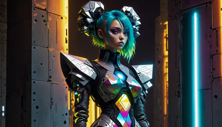 techwear fashion manga style Colorful, Holography, Solarpunk Art, Quilted, (futurcouture, geometric, fashion, avant-garde, illustration, kawaii anime, disney pixar cute style, octane render, dystopian, colorful of Luxury:1.1) , Hillbilly, her hair is Brown, Velvia, Dark hue, Neon Light, A young hillbilly woman is standing in front of a vibrant display of holographic art pieces. The art pieces appear to be inspired by solarpunk aesthetics and feature a quilted pattern reminiscent of futuristic fashion trends. One particular piece stands out due to its dark hue and neon light accents. In the foreground, a velvety assistant robot waits patiently for its next instruction. The overall scene exudes a sense of luxury and sophistication. . vibrant, high-energy, detailed, iconic, Japanese comic style . futuristic, cyberpunk, urban, tactical, sleek, dark, highly detailed