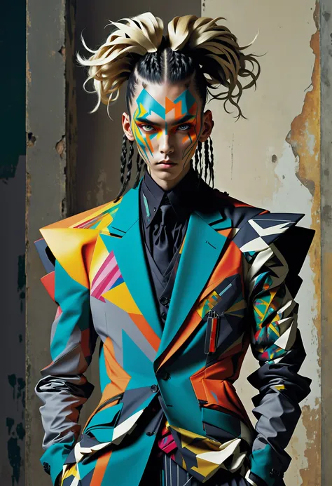 art deco style anime artwork expressive brush strokes, arthouse, Best quality, futurcouture, geometric, fashion, avant-garde, illustration, concept art, Caveman, dressed in suit, he has Braided pigtails hairstyle, The image is a vibrant representation of a caveman from the future. He is stylishly dressed in a suit and sports a braided pigtails hairstyle. His outfit is complemented by an avant-garde accessory. The background features an abstract design created using expressive brushstrokes. This illustration seems to be inspired by Arthouse style and could be considered as concept art for a futuristic fashion show. The overall quality of the image is best quality.  . anime style, key visual, vibrant, studio anime, highly detailed . geometric shapes, bold colors, luxurious, elegant, decorative, symmetrical, ornate, detailed