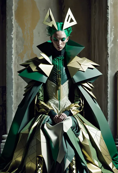 art deco style anime artwork Concept artist, Cold Lighting, Calotype, well-built (futurcouture, geometric, fashion, avant-garde, illustration, concept art:1.2) Papal legate, wearing Overwrought Black and Green garb tailored by Gucci, sleeping pose, Desaturated, soft light, A papal legate in overwrought black and green garments is captured in a sleeping pose. The attire is tailored by Gucci, giving it a luxurious touch. The scene is set against a calotype background, which adds a vintage feel to the overall composition. The cold lighting enhances the desaturated effect, creating a sense of tranquility. The image is characterized by its futuristic, geometric design and avant-garde fashion sensibilities. The concept art showcases intricate details and precise color gradations.  . anime style, key visual, vibrant, studio anime, highly detailed . geometric shapes, bold colors, luxurious, elegant, decorative, symmetrical, ornate, detailed