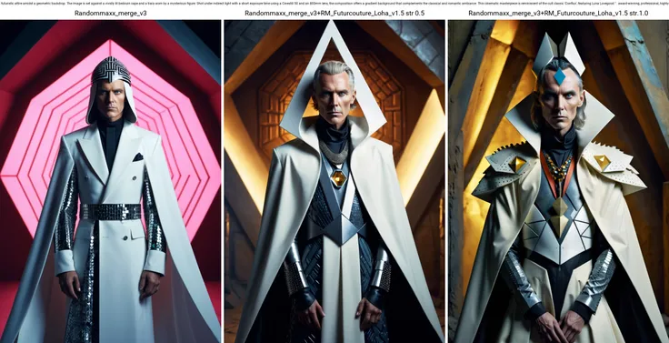 Futurcouture, geometric, fashion, Avantgarde, fashion editorial style breathtaking "A photograph captures the iconic Richard Corben in his futuristic attire amidst a geometric backdrop. The image is set against a vividly lit bedouin cape and a tiara worn by a mysterious figure. Shot under indirect light with a short exposure time using a Cinestill 50 and an 800mm lens, the composition offers a gradient background that complements the classical and romantic ambiance. This cinematic masterpiece is reminiscent of the cult classic 'Conflux', featuring Luna Lovegood." . award-winning, professional, highly detailed . high fashion, trendy, stylish, editorial, magazine style, professional, highly detailed