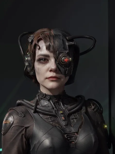 (best quality:1.2), 1girl, full body showing, correct anatomy, correct eyes, detailed face, pretty face, zero expressions, muf makeup, cyborg, (correct drawn face)++, (black and red two-toned hair)+, half-red half-black retro wavy hairstyle, <lora:Muf:0.8> MUF, epic scenery,<lora:furthermoreV9:0.8>, correct drawn fingers, <lora:zoom_slider_v1:-1>, <lora:borg:0.8> trekborg, borg, wires in head, implants, grey skin <lora:race_st_borg:0.6> veins, metal armor, cable, eyepatch, green lighting