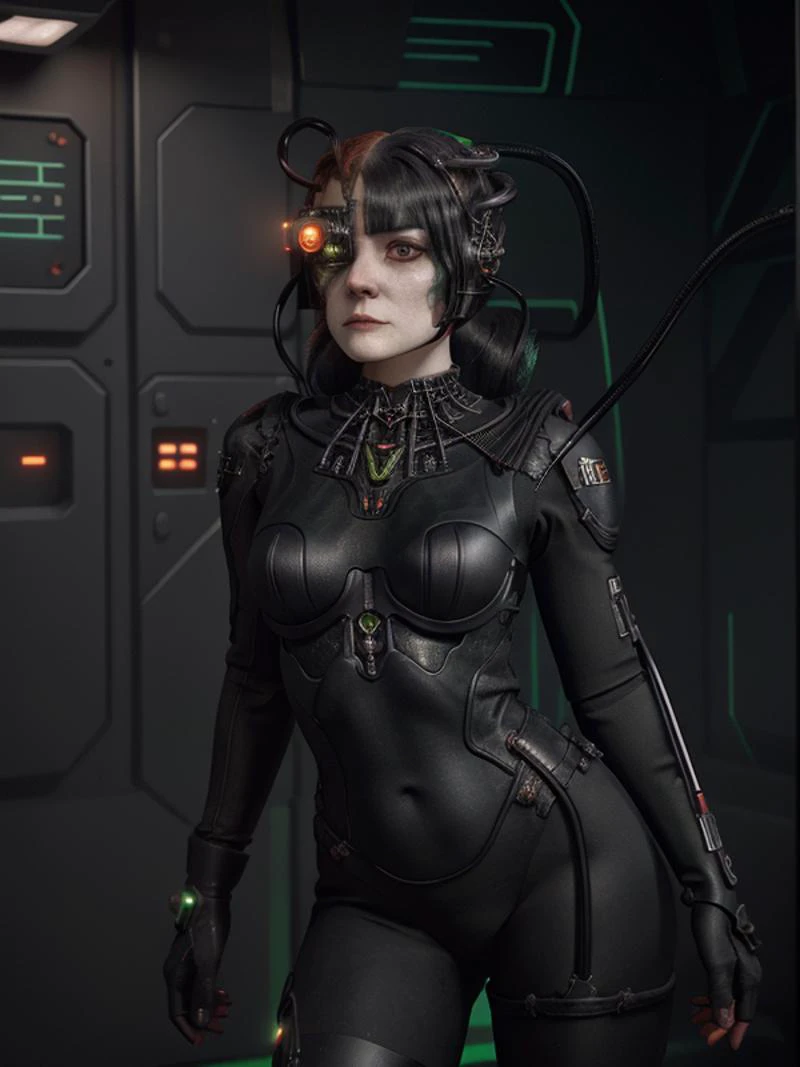(best quality:1.2), 1girl, full body and legs showing, correct anatomy, correct eyes, detailed face, pretty face, zero expressions, muf makeup, cyborg, (correct drawn face)++, (black and red two-toned hair)+, half-red half-black retro wavy hairstyle, <lora:Muf:0.8> MUF, epic spaceship scenery,<lora:furthermoreV9:0.8>, correct drawn fingers, <lora:zoom_slider_v1:-1>, <lora:borg:0.8> trekborg, borg, wires in head, implants, grey skin <lora:race_st_borg:0.6> veins, metal armor, cable, eyepatch, green lighting