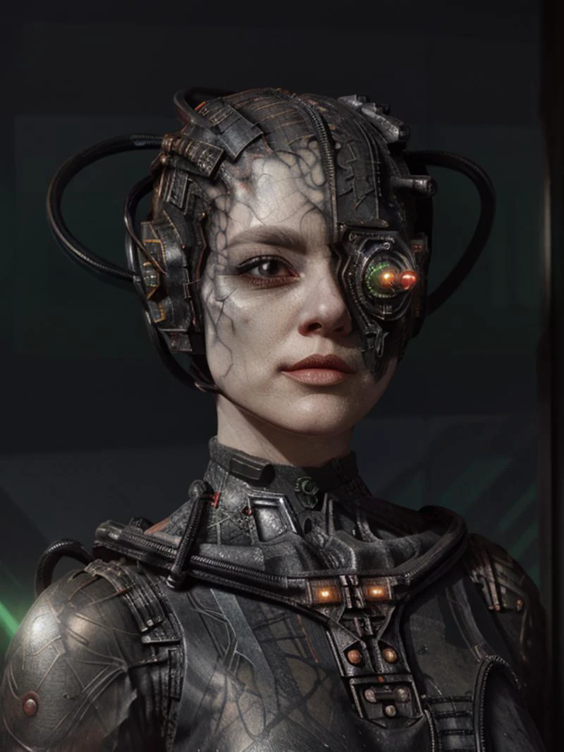 (best quality:1.2), 1girl, full body showing, correct anatomy, correct eyes, detailed face, pretty face, zero expressions, spacesuit, cyborg, (correct drawn face)++, (black and red two-toned hair)+, half-red half-black retro wavy hairstyle, <lora:Muf:0.8> MUF, epic scenery,<lora:furthermoreV9:0.8>, correct drawn fingers, <lora:zoom_slider_v1:-1>, <lora:borg:0.8> trekborg, borg, wires in head, implants, grey skin <lora:race_st_borg:0.8> veins, metal armor, cable, eyepatch, green lighting