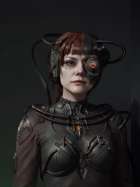 (best quality:1.2), 1girl, full body showing, correct anatomy, correct eyes, detailed face, pretty face, zero expressions, muf makeup, cyborg, (correct drawn face)++, (black and red two-toned hair)+, half-red half-black retro wavy hairstyle, <lora:Muf:0.8> MUF, epic scenery,<lora:furthermoreV9:0.8>, correct drawn fingers, <lora:zoom_slider_v1:-1>, <lora:borg:0.8> trekborg, borg, wires in head, implants, grey skin <lora:race_st_borg:0.6> veins, metal armor, cable, eyepatch, green lighting