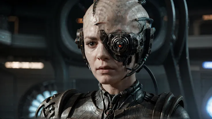close up, borg man, alien, cyborg, veins, bald, gray skin, cable, metal armor, eyepatch, sharp focus, scifi starship background,  science fiction, angry face <lora:race_st_borg:0.7>