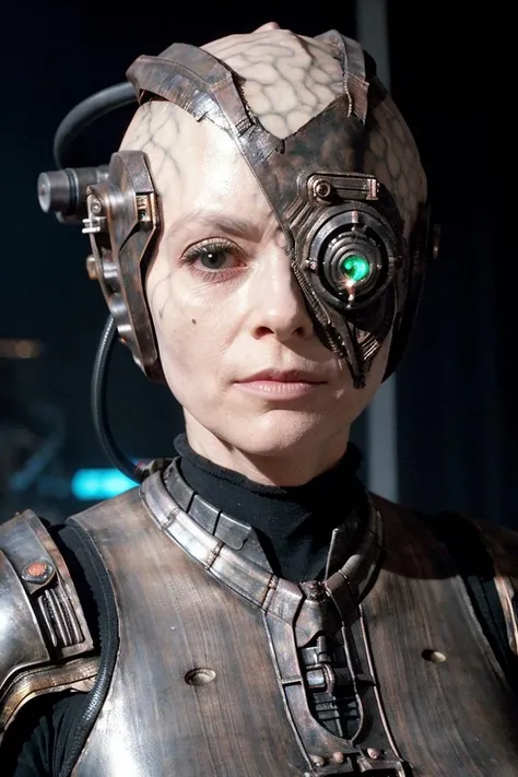 borg woman, cyborg, veins, bald, gray skin, cable, metal armor, sharp focus, eyepatch, scifi starship background, <lora:race_st_borg:0.8>