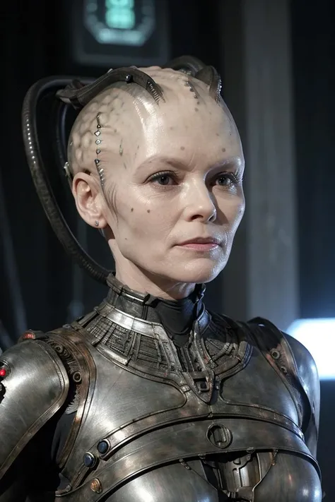 krill, woman, bald, white skin, scales, alien, tank top, scifi starship background, looking at viewer, smile, cleavage,   cyborg, veins, bald, gray skin, cable, metal armor, sharp focus, eyepatch, scifi starship background,