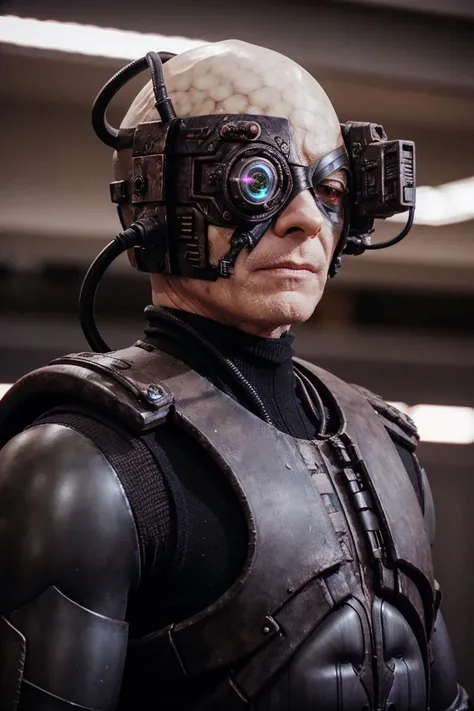 borg man, alien, cyborg, veins, bald, gray skin, cable, metal armor, eyepatch, sharp focus, scifi starship background, science fiction, <lora:race_st_borg:0.7>