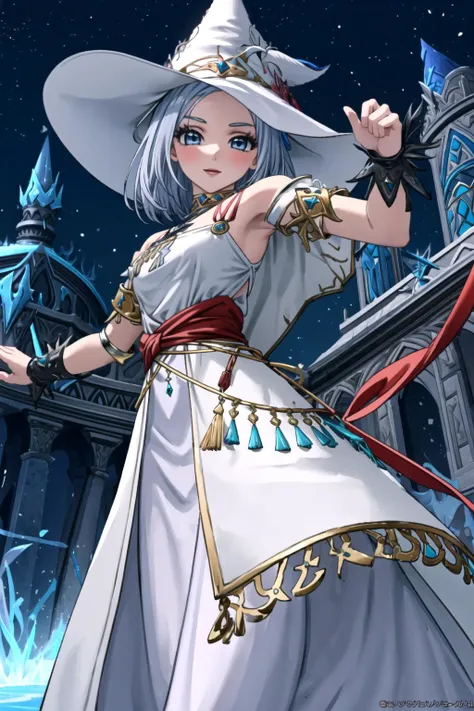 DQ10 illutia, short hair, grey hair, blue eyes, <lora:DQ10_illutia_ep20:0.6>, BREAK (small breasts), (edgWHM:1.5), (white mage robe:1.4), (white mage hat:1.4), <lora:edgWhiteMage_MINI:0.8>, wearing edgWHM, beautiful, masterpiece, 8K resolution, extremely detailed face, 1girl, Beautiful girl, adult girl, 20 years old, eye highlights, cowboy shot, (from below), looking at viewer, smile, blush, BREAK (dancing, dancing, dynamic, vigorous movement:1.3), windy, wind lift, floating hair, BREAK anime background, outdoors, night, night sky, starry sky, medieval, castle town, cobblestone floor, street trees, medieval townscape, <lora:clear light_v1:1>, <lora:flat2-dim1:-0.5>