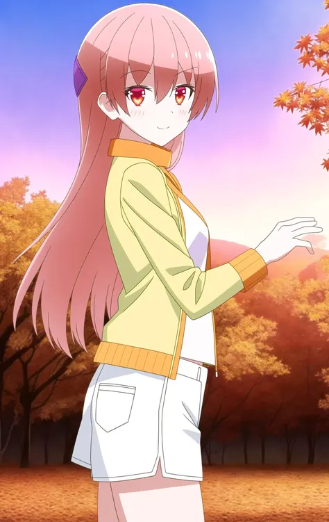 Tsukasa, 1girl, cowboy shot, from side, looking at viewer, branch, yellow jacket, white shirt, shorts, white cuff, white collar, orange sky, cuff, jacket, sunset, autumn, orange sky, orange theme, long hair, hair between eyes, smile, bangs, autumn leaves