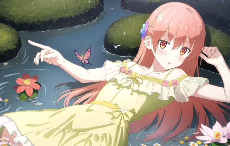 masterpiece, best quality, Tsukasa, 1girl, (lying, on back), cowboy shot, dress, solo, (hair patch), rain, butterfly, bug, pond, water, bangs, long hair, frills, blush, breasts, Tsukasa, white dress, short sleeves, on back, outstretched arm, frilled dress, arm up, flower, flower, looking away, highres, hires, moss, stone