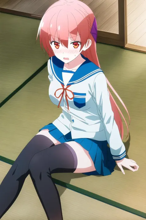 Tsukasa, 1girl, full body, on floor, sitting, (blue sailor collar), (white shirt), (neck ribbon), skirt, hair patch, thighhighs, long sleeves, ((red ribbon)), (breast pocket), blue collar, black legwear, indoors, tatami, school uniform, serafuku, hair patch, open mouth, embarrassed, blue skirt, long hair, sitting, wooden floor, solo, blush