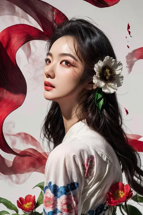 1girl, flower, solo, Hanfu,long hair, realistic, hair ornament, hair flower, black hair, lips, nose, upper body, parted lips, Red smoke <lora:shanshui-000006:0.7>