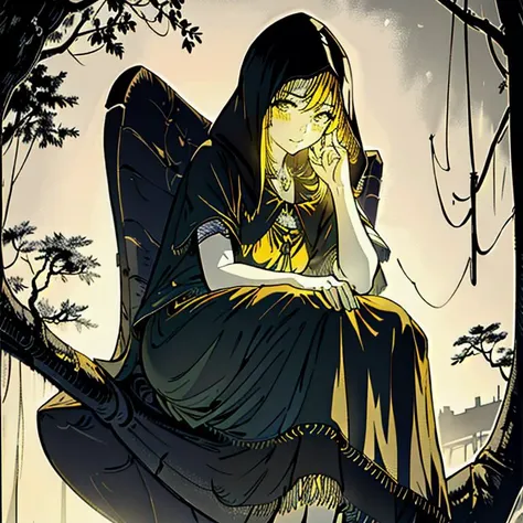 (masterpiece, best quality), 1girl, disgusted face, beautiful face, viewer from below, light from below, high contrast, simplicity, sitting by the tree, (yellow river), (((monochrome river))), ((black background)), (dark yellow clouds), close up <lora:fia_the_deatbed_companion:1>