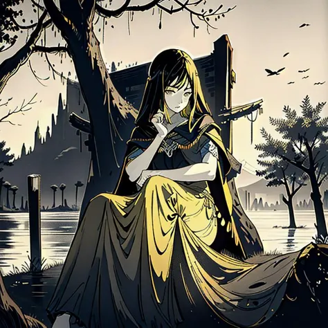(masterpiece, best quality), 1girl, disgusted face, beautiful face, viewer from below, light from below, high contrast, simplicity, sitting by the tree, (yellow river), (((monochrome river))), ((black background)), (dark yellow clouds), close up <lora:fia_the_deatbed_companion:1>