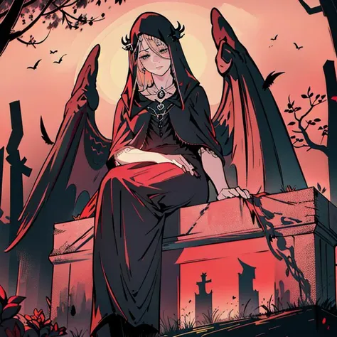 (masterpiece, best quality), 1girl, disgusted face, beautiful face, (vampire face), viewer from below, light from below, high contrast, simplicity, sitting by the tree, (red graveyar), (((monochrome graveyard))), ((black background)), (dark red clouds), close up, (bird wings behind) <lora:fia_the_deatbed_companion:1>