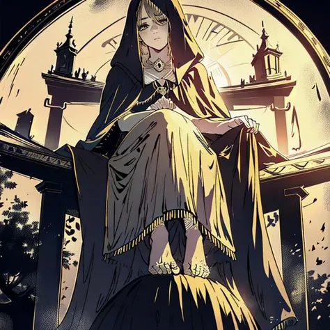 (masterpiece, best quality), 1girl, disgusted face, beautiful face, viewer from below, light from below, high contrast, simplicity, sitting by the tree, (gold clock), (((monochrome clock))), ((black background)), (dark gold clouds), trapped between dreams, time flows backward <lora:fia_the_deatbed_companion:1>