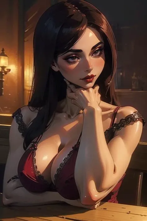 Masterwork, best quality, illustration, a seductive woman with perfect breasts, eyeliner, makeup, red full lips, wearing revealing lingerie, (breasts exposed:1.2), relaxing on a tavern by night, high fantasy setting, nice hands, perfect hands, <lora:GoodHands-beta2:1.2>