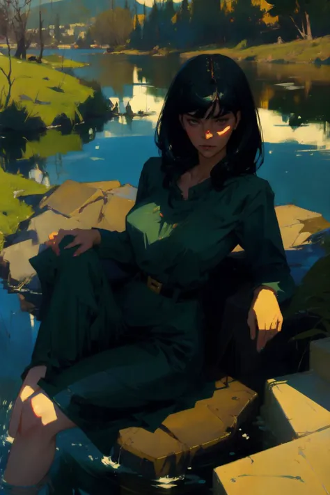 1 woman
detailed face 
sit 
 lake
sunny 
black hair
  Malcolm Liepke