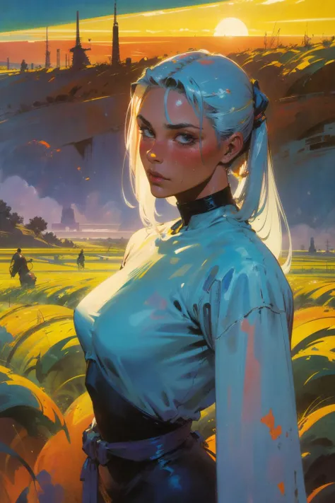 methurlant , Syd Med, Richard S. Johnson 1 female, (farmer:1.3), sweaty, sun bleached long pony tail, ((looking at viewers)),,middle ages, in the fields, surreal, ((concept art, ink, comic )) <lora:methurlant:1>