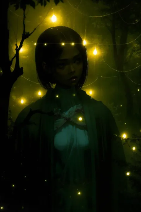 1girl
 fog
forest  
 Paolo Roversi
best light, dramatic lighting
fireflies 
( masterpiece,realistic, photorealistic) (best quality)