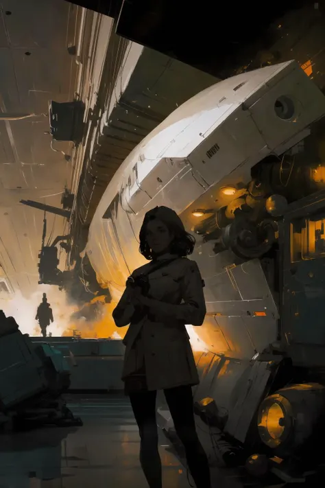 cinematic shot of 1 woman, 
 mechanical limbs,  
Andre Kohn
space ship, deck
cinematic lighting 
( best quality, masterpiece )
 <lora:Retro SciFi v.5:0.4>