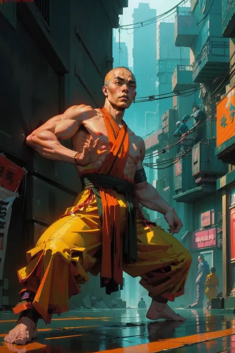 masterpiece, best quality, a professional erotic portrait photograph with vivid colors of an athletic cyberpunk shaolin monk in a kung fu stance on a busy cyberpunk street  <lyco:GoodHands-beta2:1>