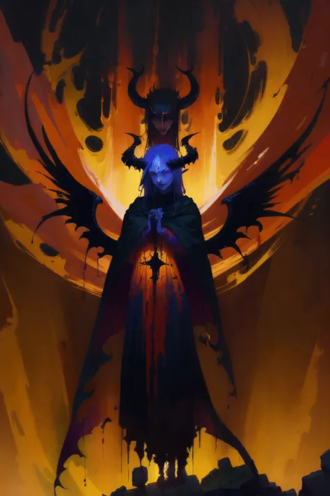 1 demon queen,  wings  full body, pale skin, glowing eyes, cloak, hell scene, blood , black horns ,
  diablo, diabolic,  gothic , demons army 
best quality, masterpiece,  realistic,
muted color
dark , dim light , 
oil painting  by    (gerald brom ) (Adrian Smith)