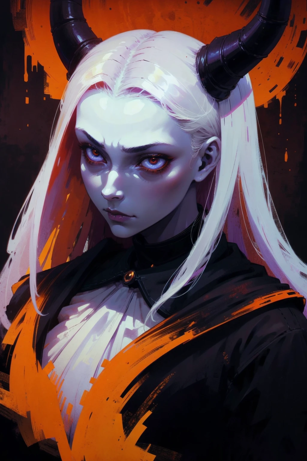 1 demon girl, black horns , pale skin, glowing eyes, realistic face
, diablo, gothic
best quality, master piece,
muted color
dark , dim light ,
oil painting by gerald brom