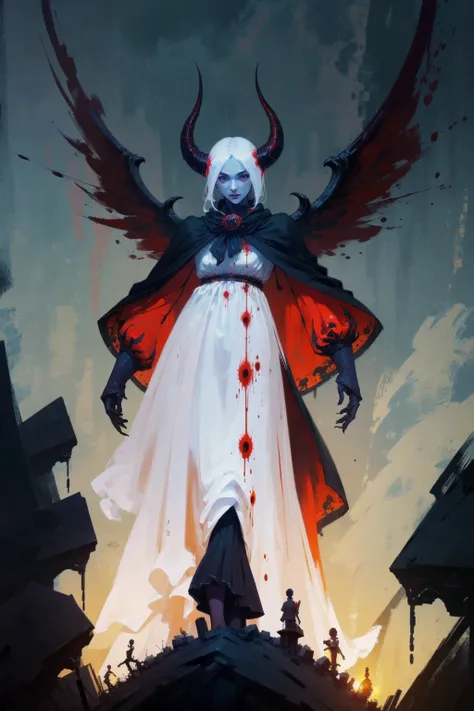 1 demon queen, wings full body, pale skin, glowing eyes, cloak, hell scene, blood , black horns ,
realistic face , diablo, diabolic, gothic ,
best quality, master piece,
muted color
dark , dim light ,
oil painting by gerald brom
