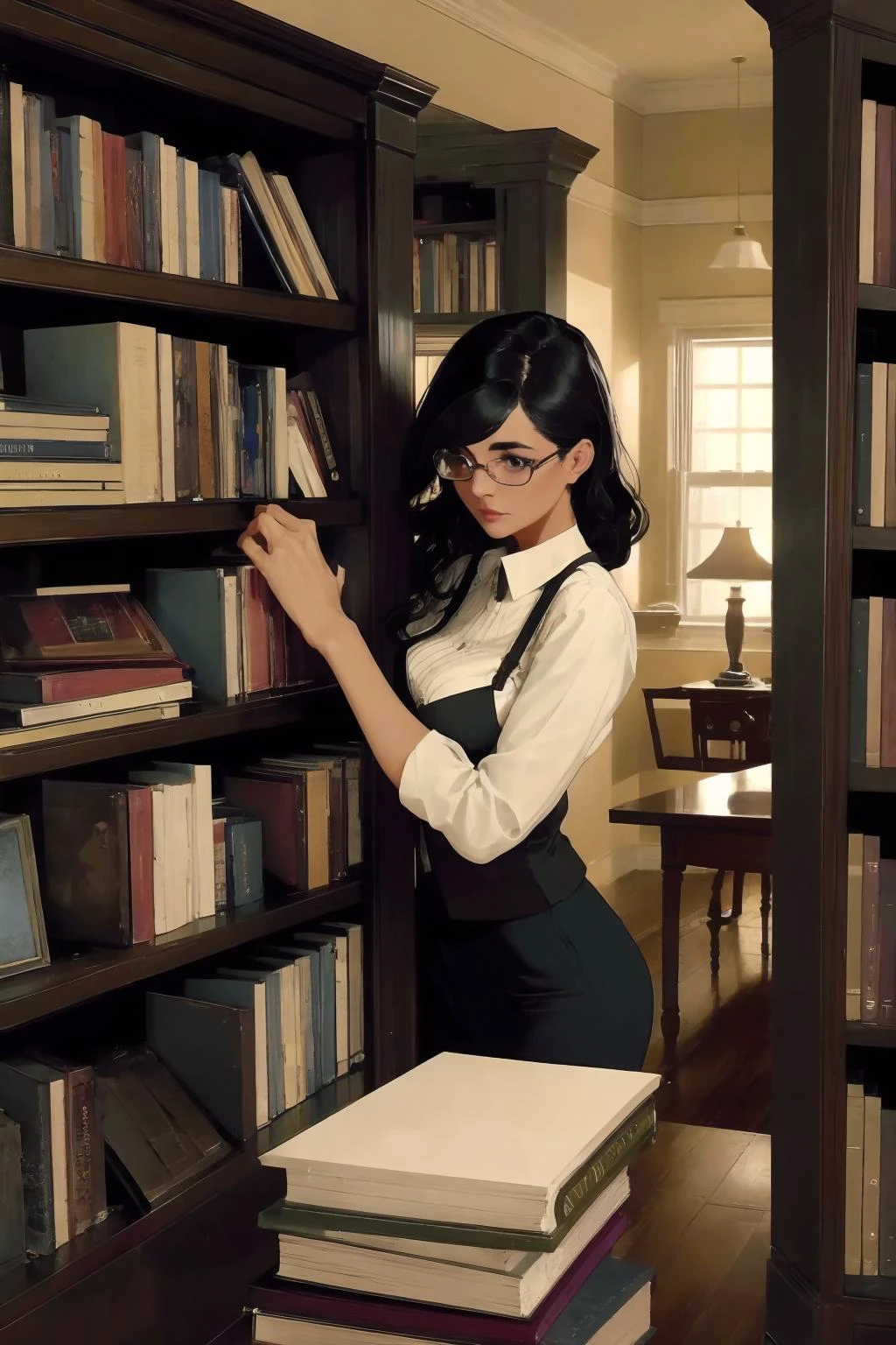 a beautiful stern woman librarian. adding a book to a bookcase.