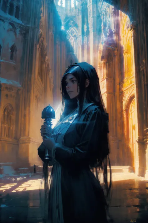 1 woman, priest ,  detailed face, smile,  long hair , high contrast, holy light ,  best shadow
cathedral 
best quality, masterpiece, photorealistic,
painting  by alex ross,
(highly detailed, 4k, canon eos r3, vogue, award winning, cinematic lighting)
<lora:epiNoiseoffset_v2:1> <lora:add_detail:1>