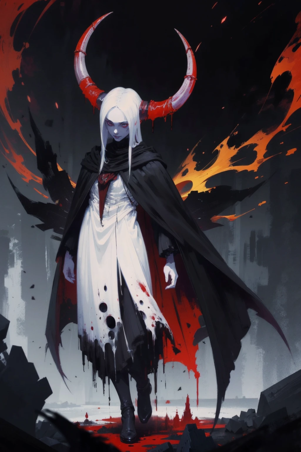 1 demon queen, wings full body, pale skin, glowing eyes, cloak, hell scene, blood , black horns ,
realistic face , diablo, diabolic, gothic ,
best quality, master piece,
muted color
dark , dim light ,
oil painting by gerald brom