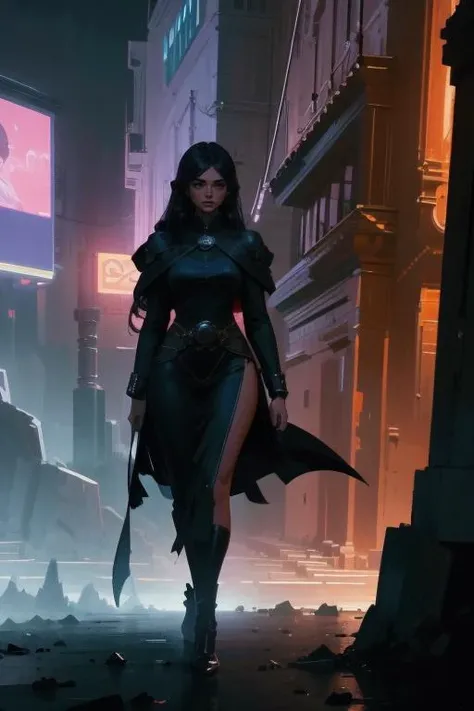 Masterpiece, best quality, a professional illustration of a gorgeous woman walking in an interesting high fantasy city setting at night, <lora:GoodHands-beta2:1.2>