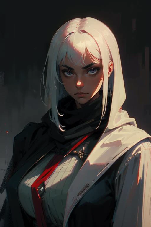 Masterpiece, best quality, a professional portrait illustration, with a somber style of a gorgeous big-titted delicate assassin in an interesting high fantasy setting at night, holding dagger, multiple scars, hood , brilliant eyes, white hair,   <lora:GoodHands-beta2:1.2>