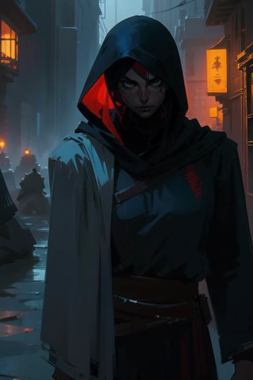 Masterpiece, best quality, a professional illustration of a gorgeous assassin in an interesting high fantasy city setting at night, scars, hood, <lora:GoodHands-beta2:1.2>